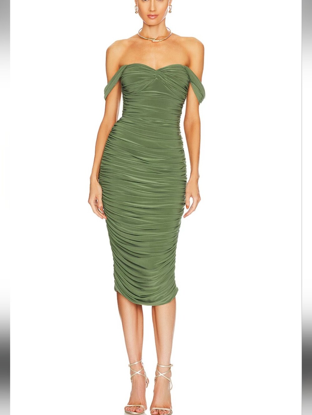 Norma Kamali Olive Green Off-Shoulder Ruched Midi Dress size XL new with tags